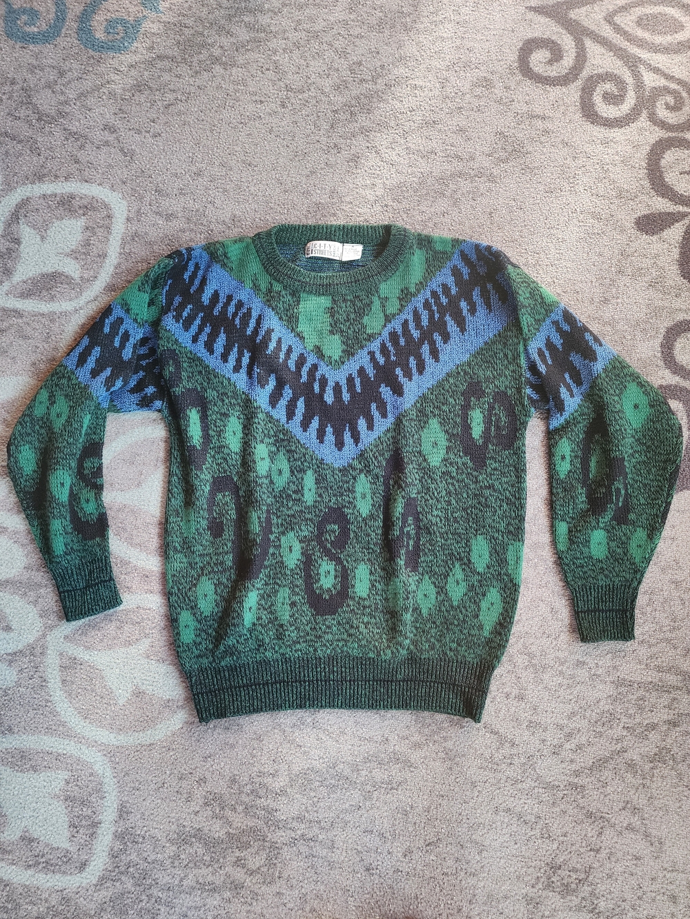 Vintage City Streets Green & Blue Patterned Crewneck Sweater